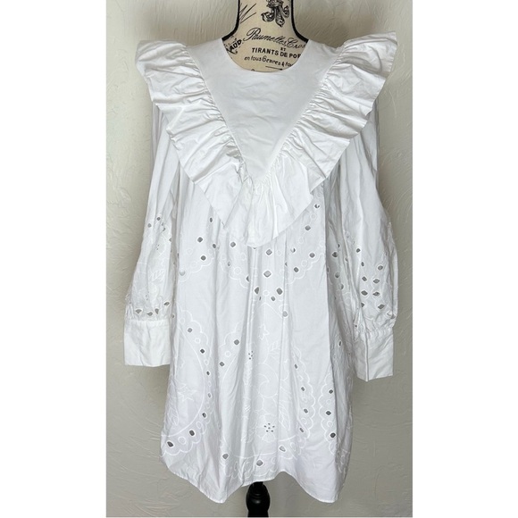 Zara Women Ruffle Openwork Embroidered White  Dress Bloggers Favorite, Medium - Picture 2 of 16